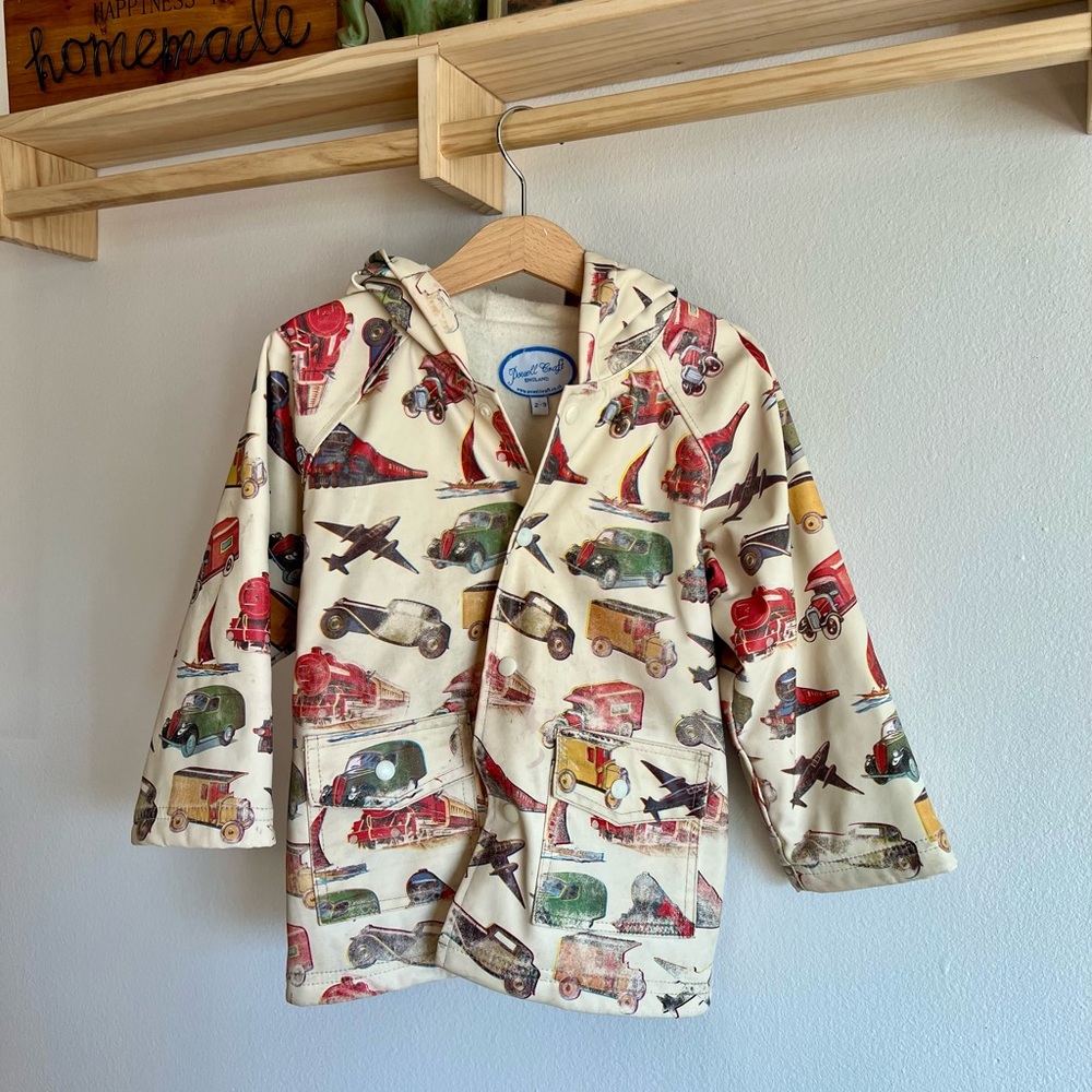 European Kids' Raincoat with Vintage Vehicle Print